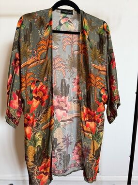 Olive Floral Satin Kimono Robe - Tropical Print size XS made in Italy